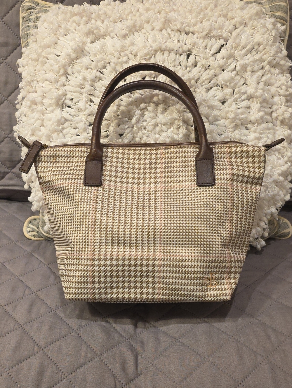 Lauren Ralph Lauren Houndstooth Satchel Tan and Cream with Brown Leather Handles